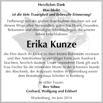 Traueranzeige von Erika Kunze von Super Sonntag Wittenberg