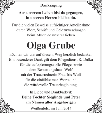 Traueranzeige von Olga Grube von WVG - Wochenspiegel NMB / WSF / ZTZ