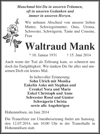 Traueranzeige von Waltraud Mank von WVG - Wochenspiegel NMB / WSF / ZTZ