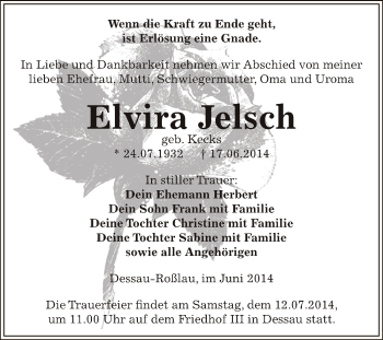 Traueranzeige von Elvira Jelsch von WVG - Wochenspiegel Dessau / Köthen