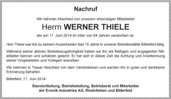 Traueranzeige von Werner Thiele von WVG - Wochenspiegel Bitterfeld