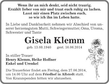 Traueranzeige von Gisela Klemm von Super Sonntag SGH Mansf. Land