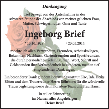 Traueranzeige von Ingeborg Brief von Super Sonntag Dessau / Köthen