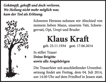 Traueranzeige von Klaus Kraft von WVG - Wochenspiegel Wittenberg