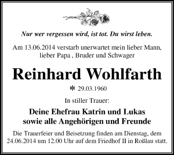 Traueranzeige von Reinhard Wohlfarth von Super Sonntag Dessau / Köthen