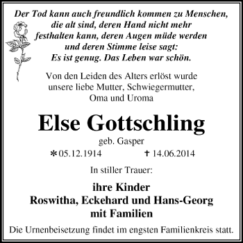Traueranzeige von Else Gottschling von Super Sonntag Dessau / Köthen