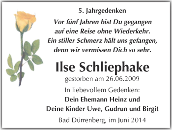 Traueranzeige von Ilse Schliephake von Super Sonntag Merseburg