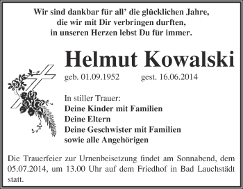Traueranzeige von Helmut Kowalski von Super Sonntag Merseburg