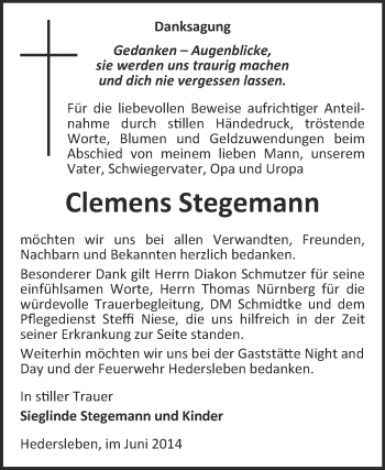 Traueranzeige von Clemens Stegemann von WVG - Wochenspiegel Quedlinburg