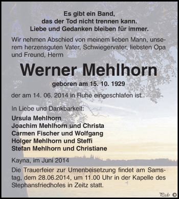 Traueranzeige von Werner Mehlhorn von Super Sonntag Zeitz