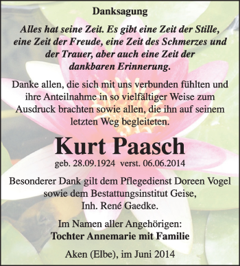 Traueranzeige von Kurt Paasch von Super Sonntag Dessau / Köthen