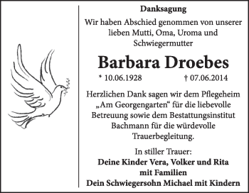 Traueranzeige von Barbara Droebes von Super Sonntag Dessau / Köthen