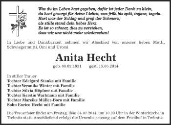 Traueranzeige von Anita Hecht von Super Sonntag Bernburg