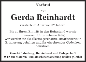Traueranzeige von Gerda Reinhardt von WVG - Wochenspiegel Dessau / Köthen