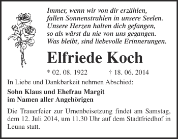 Traueranzeige von Elfriede Koch von WVG - Wochenspiegel Merseburg