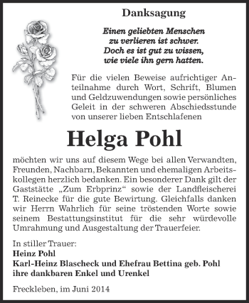 Traueranzeige von Helga Pohl von Super Sonntag SGH Mansf. Land