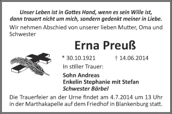 Traueranzeige von Erna Preuß von Super Sonntag Quedlinburg