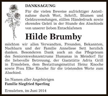 Traueranzeige von Hilde Brumby von Super Sonntag Aschersleben