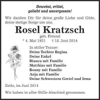 Traueranzeige von Rosel Kratzsch von Super Sonntag Zeitz