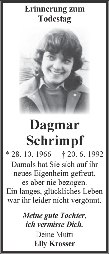 Traueranzeige von Dagmar Schrimpf von WVG - Wochenspiegel NMB / WSF / ZTZ