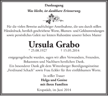 Traueranzeige von Ursula Grabo von WVG - Wochenspiegel Wittenberg