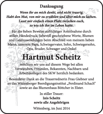 Traueranzeige von Hartmut Scheitz von WVG - Wochenspiegel Wittenberg
