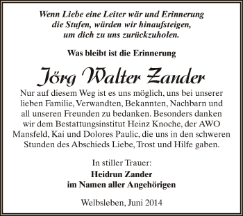 Traueranzeige von Jörg Walter Zander von WVG - Wochenspiegel Aschersleben