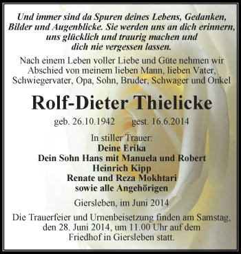 Traueranzeige von Rolf-Dieter Thielicke von Super Sonntag Aschersleben