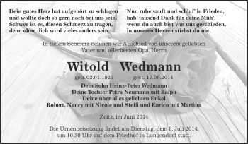 Traueranzeige von Witold Wedmann von Super Sonntag Zeitz