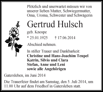 Traueranzeige von Gertrud Hulsch von Super Sonntag Aschersleben