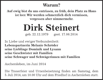 Traueranzeige von Dirk Steinert von Super Sonntag Aschersleben