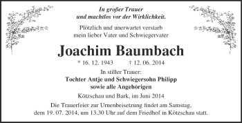 Traueranzeige von Joachim Baumbach von Super Sonntag Merseburg