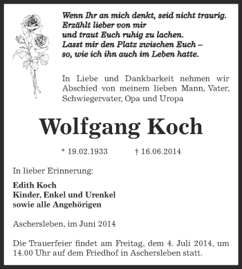 Traueranzeige von Wolfgang Koch von WVG - Wochenspiegel Aschersleben