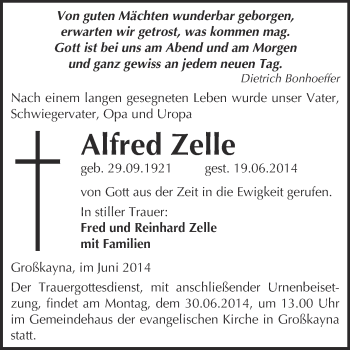 Traueranzeige von Alfred Zelle von WVG - Wochenspiegel Merseburg