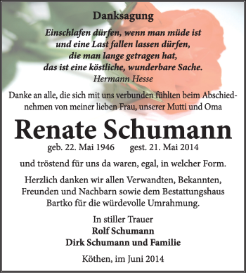 Traueranzeige von Renate Schumann von Super Sonntag Dessau / Köthen