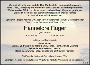 Traueranzeige von Hannelore Rüger von WVG - Wochenspiegel NMB / WSF / ZTZ
