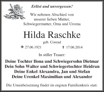 Traueranzeige von Hilda Raschke von WVG - Wochenspiegel Dessau / Köthen