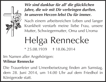 Traueranzeige von Helga Rennecke von WVG - Wochenspiegel Quedlinburg