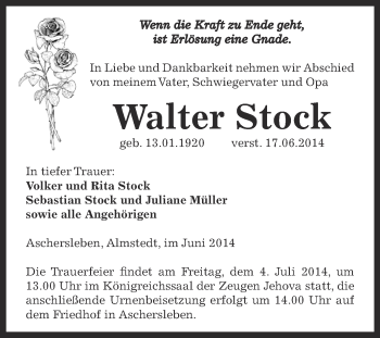 Traueranzeige von Walter Stock von Super Sonntag Aschersleben