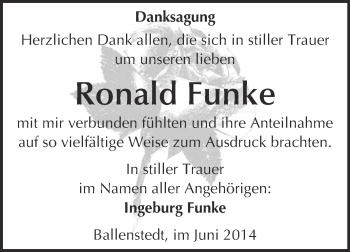 Traueranzeige von Ronald Funke von WVG - Wochenspiegel Quedlinburg