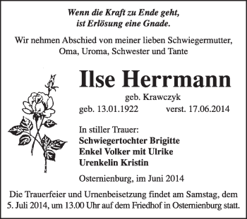 Traueranzeige von Ilse Herrmann von Super Sonntag Dessau / Köthen