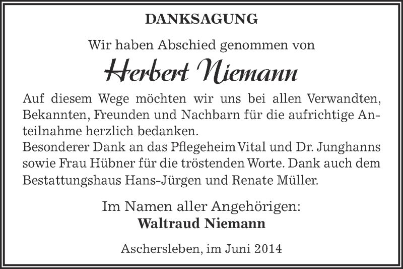  Traueranzeige für Herbert Niemann vom 22.06.2014 aus Super Sonntag Aschersleben