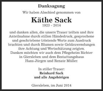 Traueranzeige von Käthe Sack von Super Sonntag Aschersleben