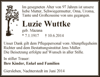 Traueranzeige von Luzie Wuttke von WVG - Wochenspiegel Aschersleben