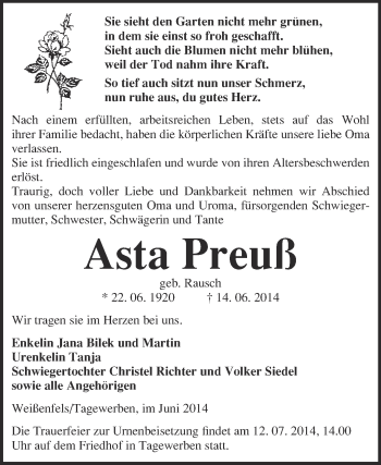 Traueranzeige von Asta Preuß von WVG - Wochenspiegel NMB / WSF / ZTZ