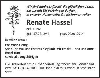 Traueranzeige von Renate Hassel von Super Sonntag Merseburg