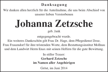 Traueranzeige von Johanna Zetzsche von WVG - Wochenspiegel Merseburg