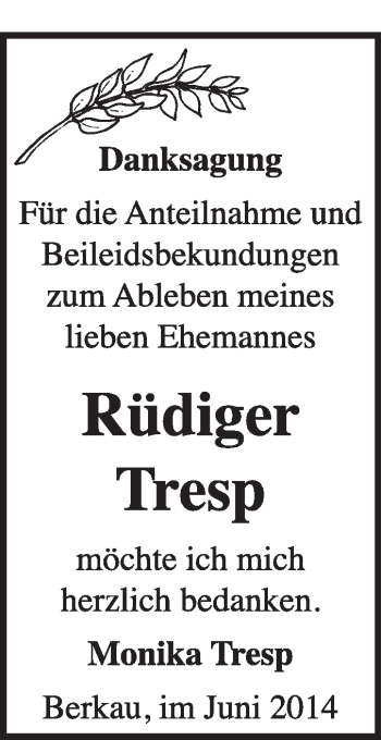 Traueranzeige von Rüdiger Tresp von WVG - Wochenspiegel Wittenberg