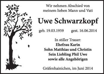 Traueranzeige von Uwe Schwarzkopf von WVG - Wochenspiegel Wittenberg