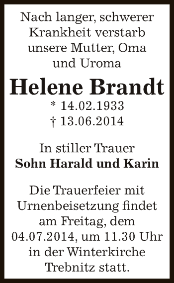 Traueranzeige von Helene Brandt von Super Sonntag Bernburg